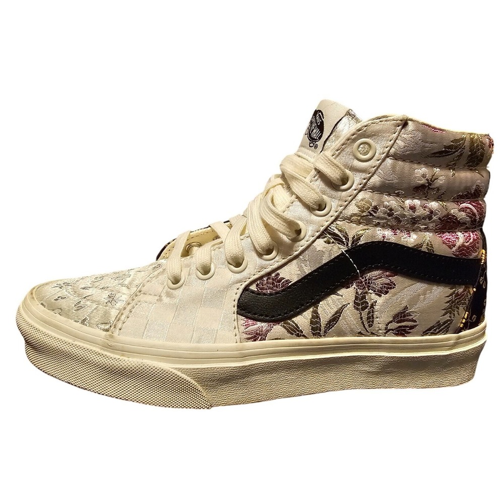 Vans Sk8-Hi Floral Jacquard Checkerboard High Top Sneakers Womens 7 Cream Gold